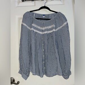 Old Navy Navy and White Striped Lace Detail Cotton Blouse Large